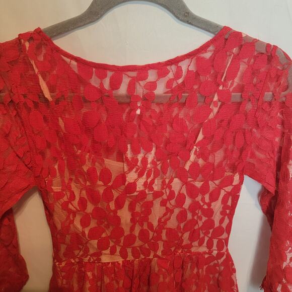 Free People Cherry Red Floral Mesh Lace 3/4 Sleeve Mini Bodycon Dress Size 0 - Picture 11 of 12